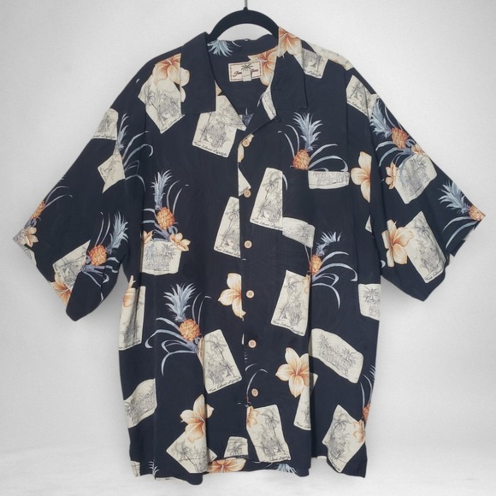 Jamaica Jaxx Silk Hawaiian Shirt Men Large Black Tropical Short Sleeve Button Up